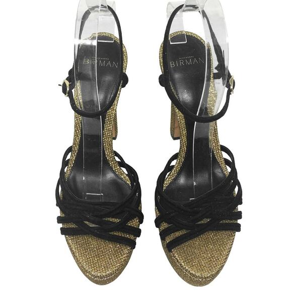 Alexandre Birman Berthe Black Suede & Gold Metallic Platform Sandals - Picture 2 of 9